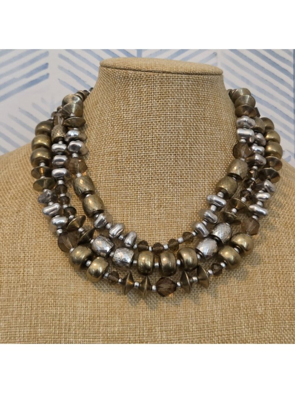 Premier Designs Triple Strand Silver & Gold Tone Beaded Waterfall Necklace